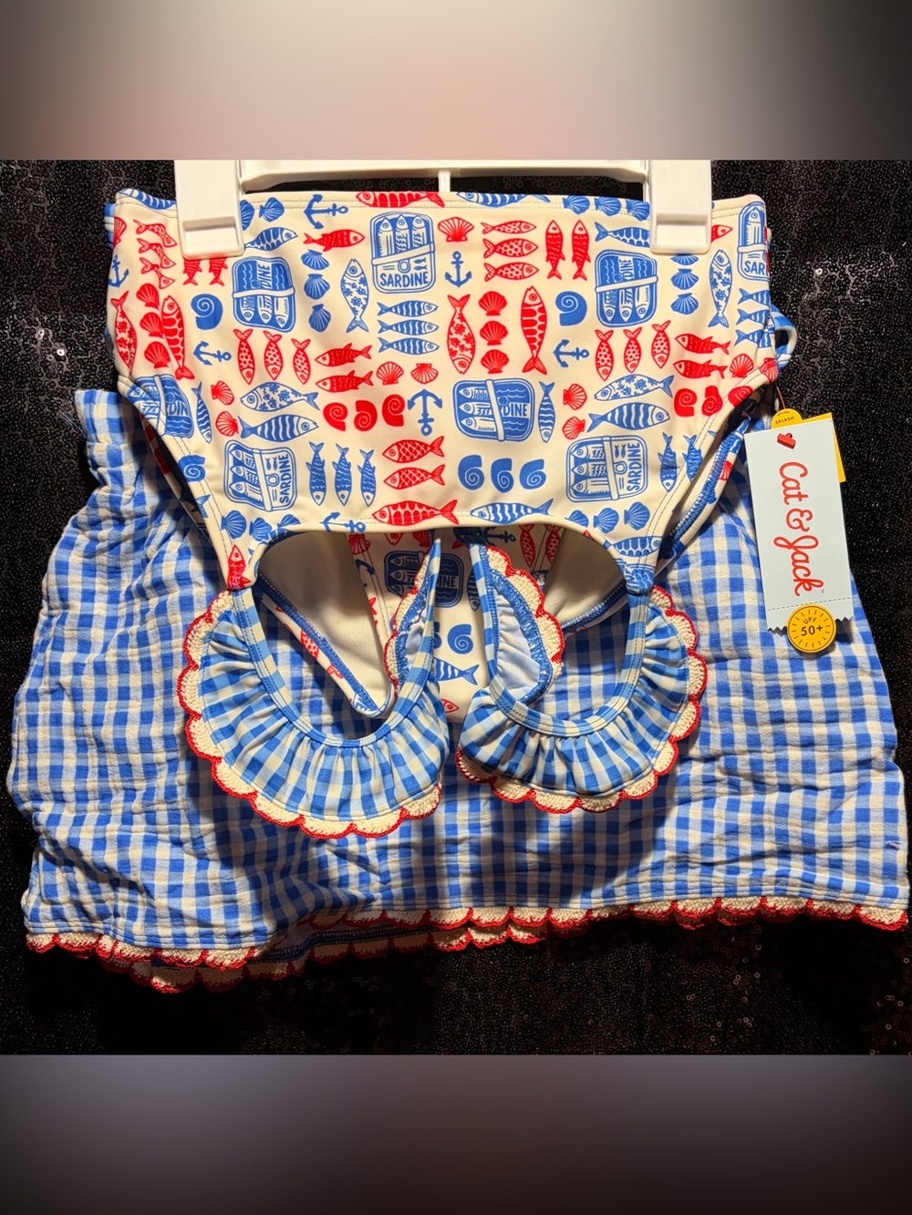 Cat & Jack Red and Blue Nautical Fish Print Baby Romper with Blue Gingham Trim